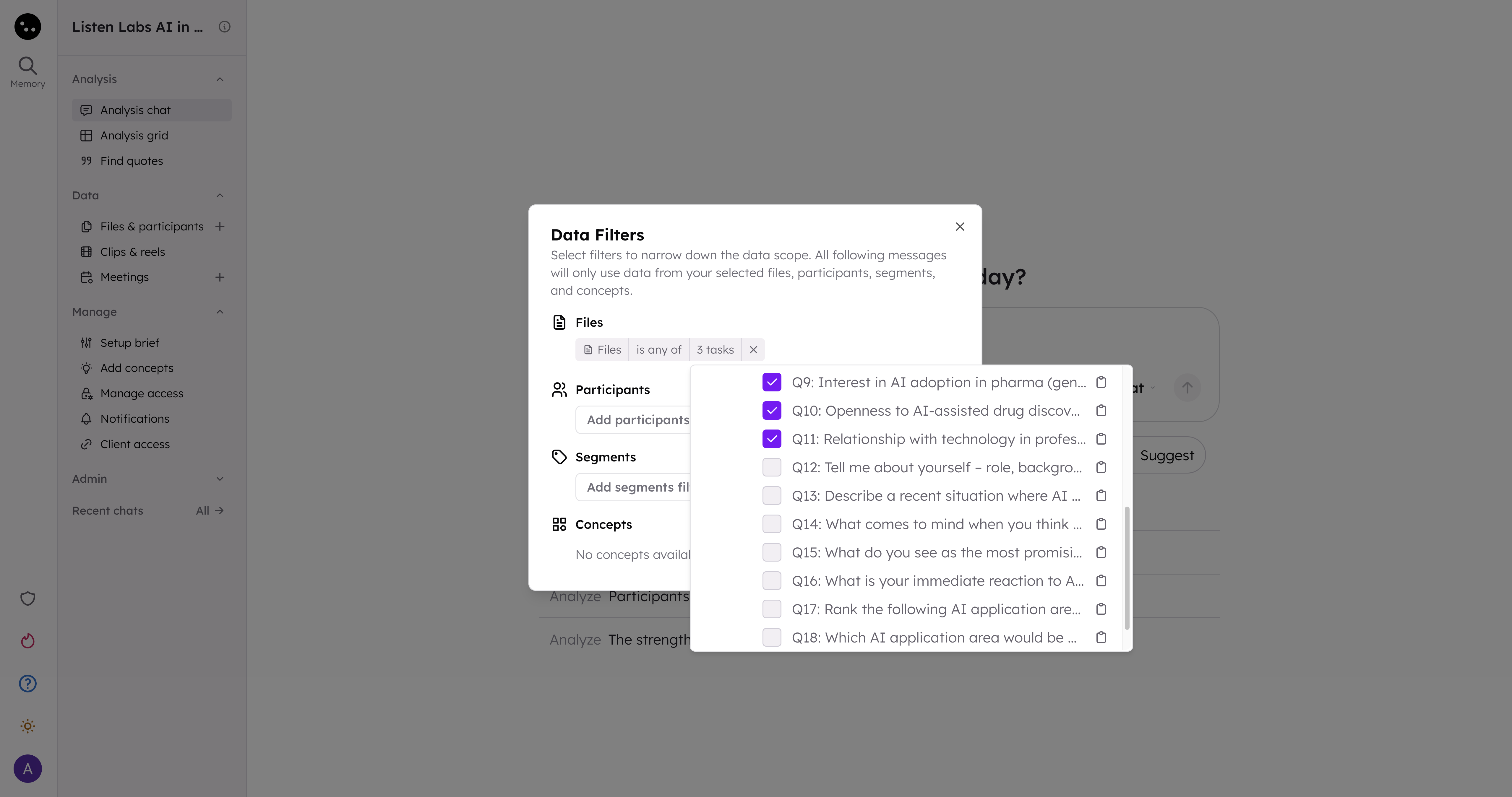 Data Filters dialog with Listen Labs file expanded, showing activities and individual questions available for selection